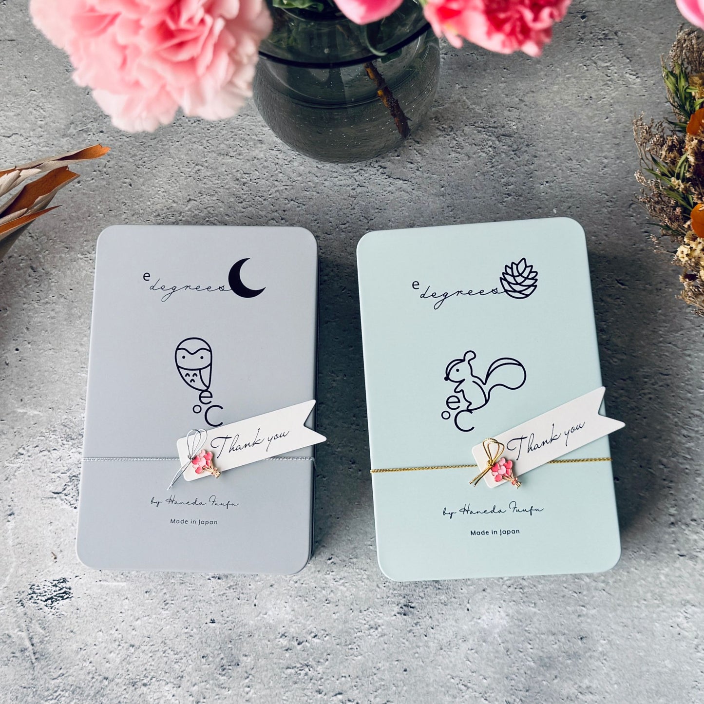 クッキー缶2個セット フクロウ&リス | かわいい洋菓子ギフト | 人気のお取り寄せスイーツ | Thank youタグ付き