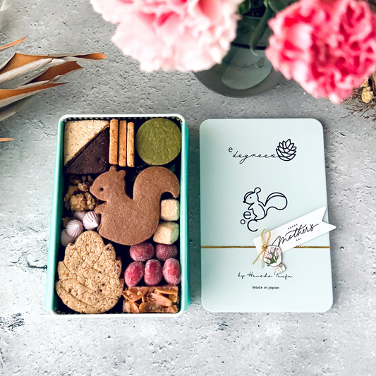 リスと戯れる森のかわいいクッキー缶 | 母の日タグ付きで缶の中身が見えるクッキーギフト | 人気のお取り寄せスイーツのプレゼント