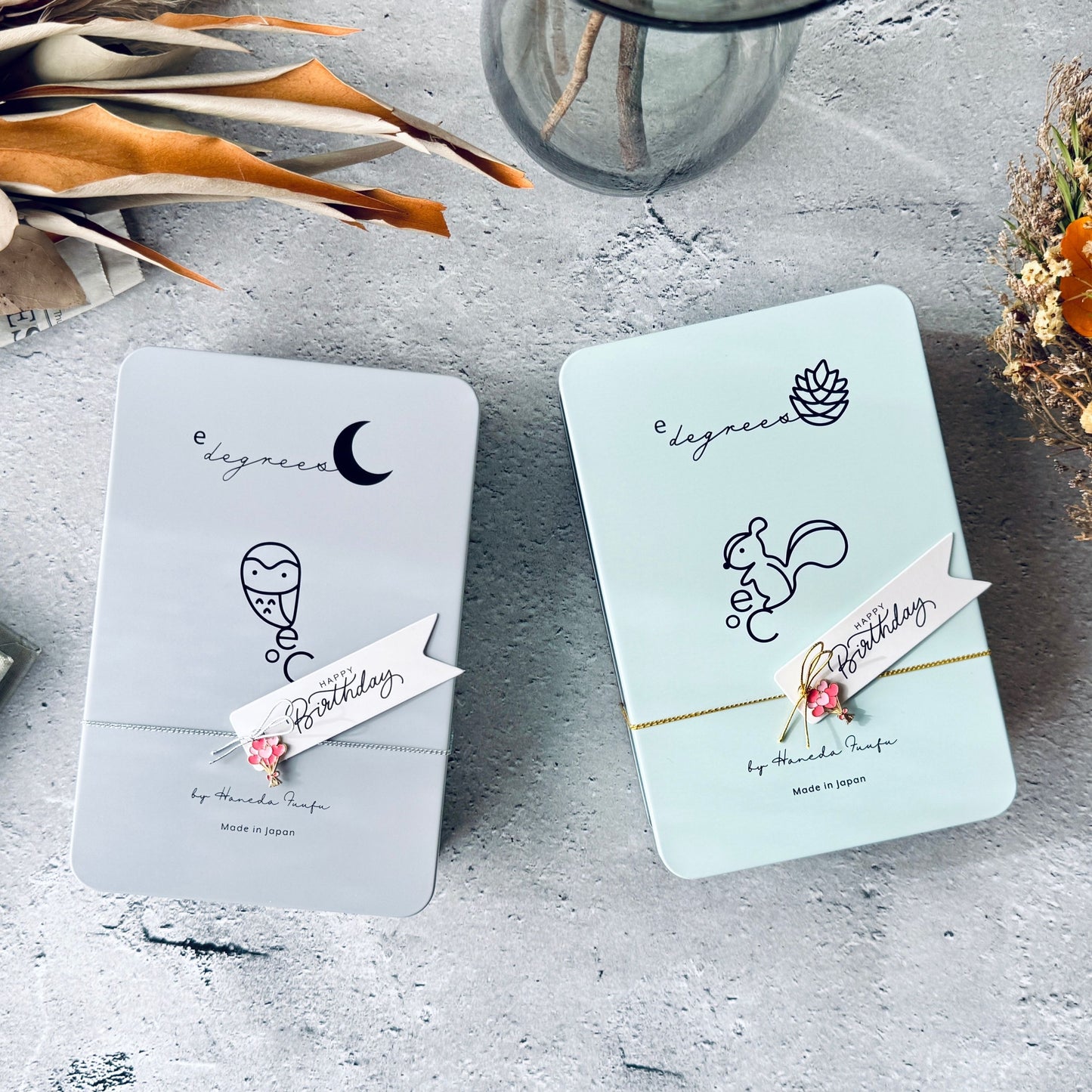 クッキー缶2個セット フクロウ&リス | 誕生日タグ付きギフトボックス | かわいい人気のお取り寄せスイーツ